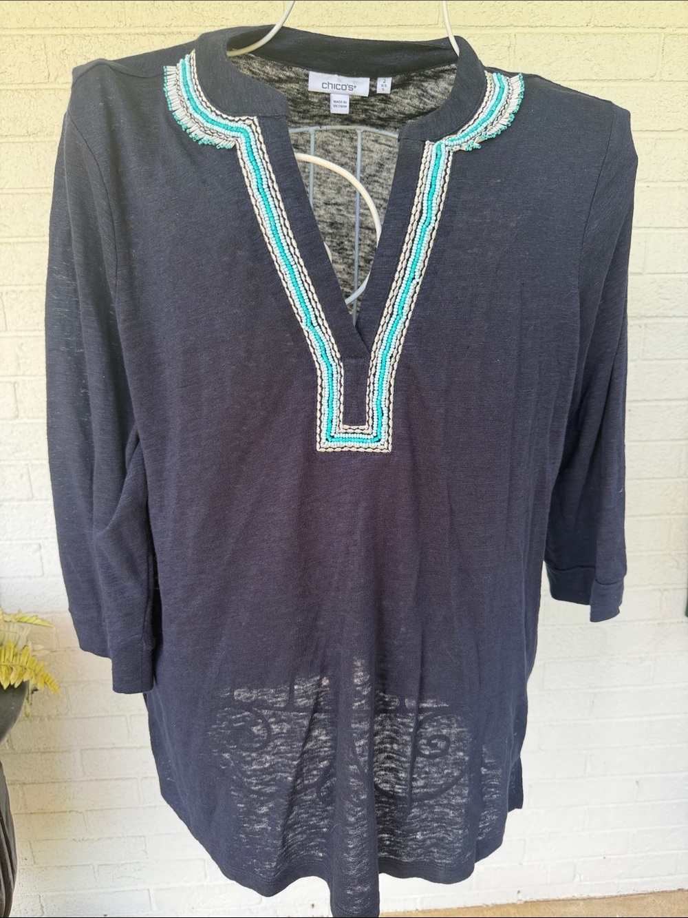 Chico's Navy Tunic with Turquoise and White Beaded V-Neck sz L